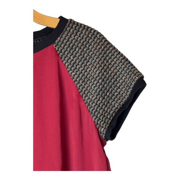 Sanctuary Shirt Women Medium Red Silky Short Tweed Sleeve Back Zip Blouse Preppy - Picture 3 of 7